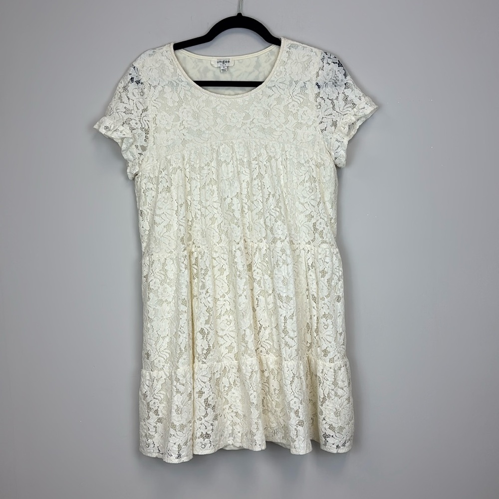 Umgee Ivory Lace Overlay Tiered Babydoll Dress Size Small